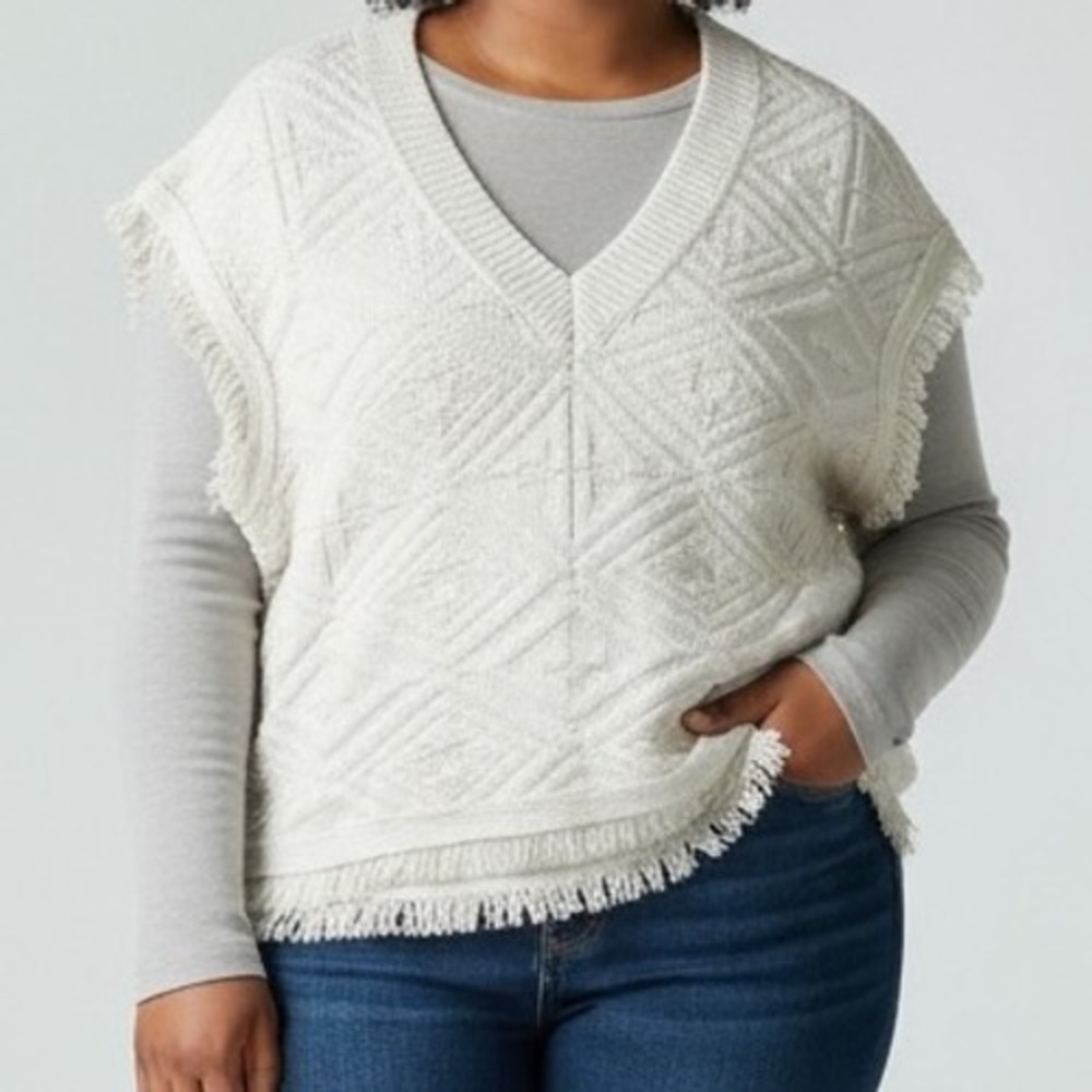 Banana Republic Ivory Diamond Knit Fringe Sweater Vest Organic‎ Cotton XL/XXL